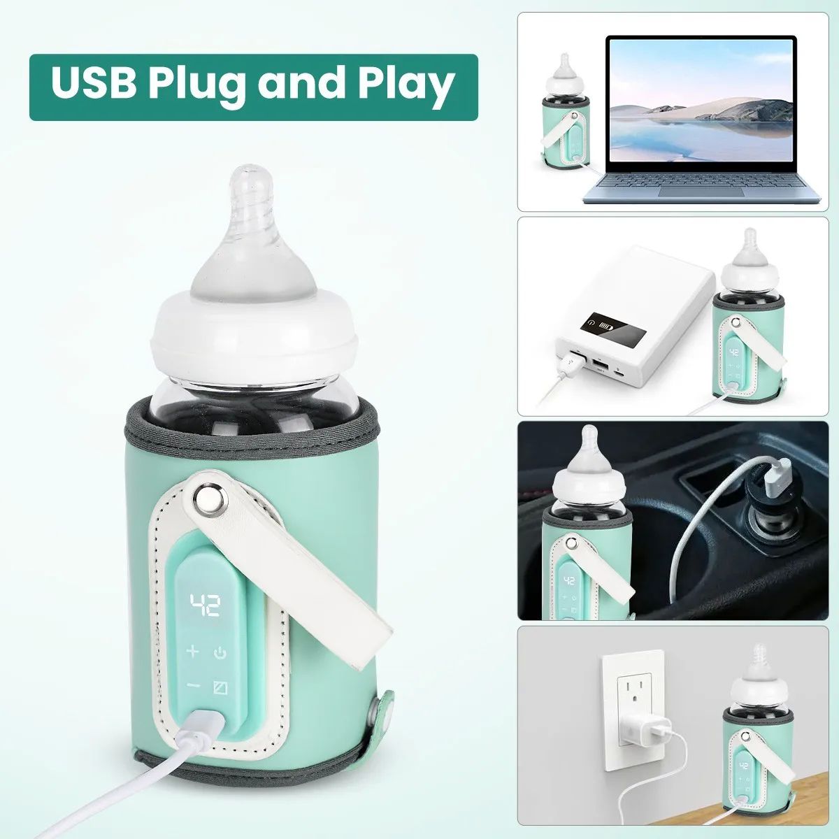 Calentador Biberones Bebes De Mamilas Lcd Portátil Usb Verde