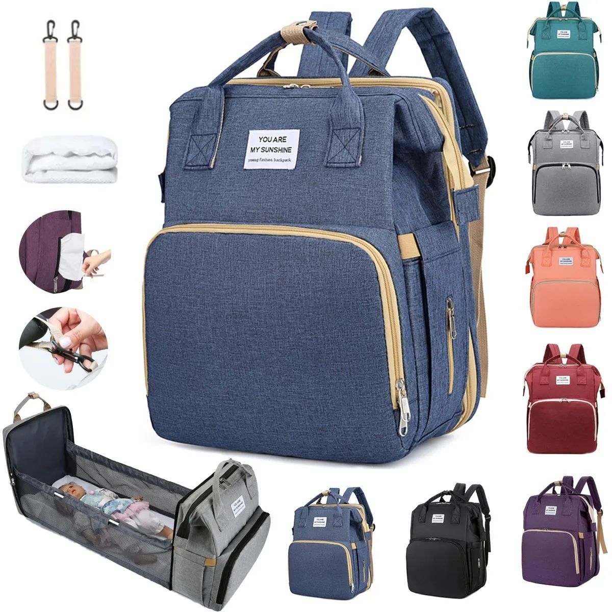 Mochila Pañalera Cuna Impermeable Para Bebe Negro