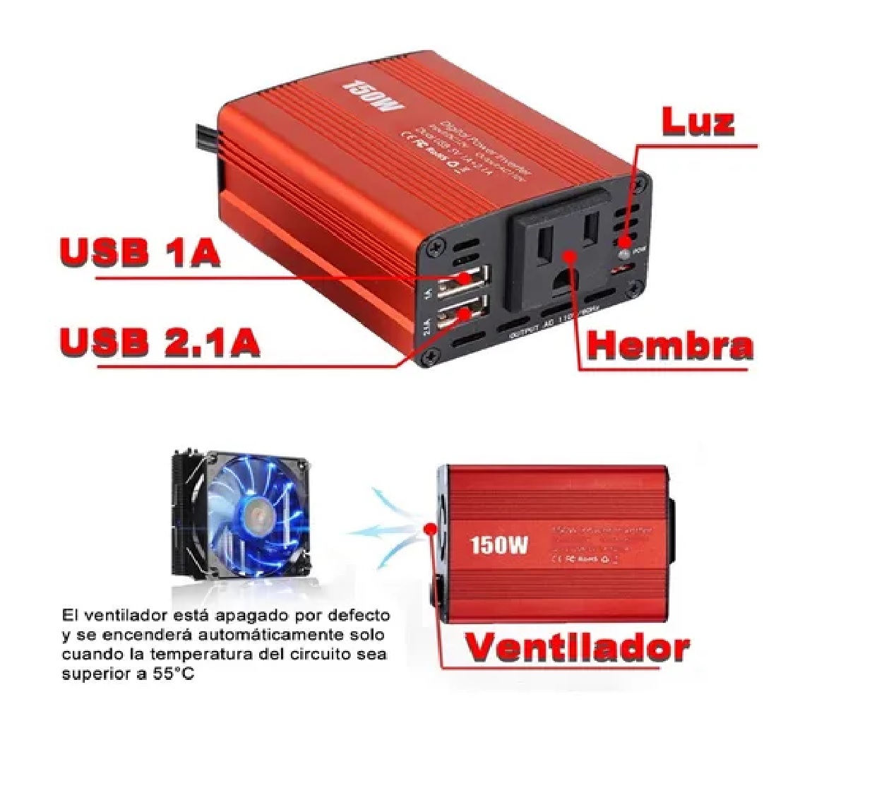Inversor De Corriente Coche, 12v A 110v 150w, 1 Ac Y 2