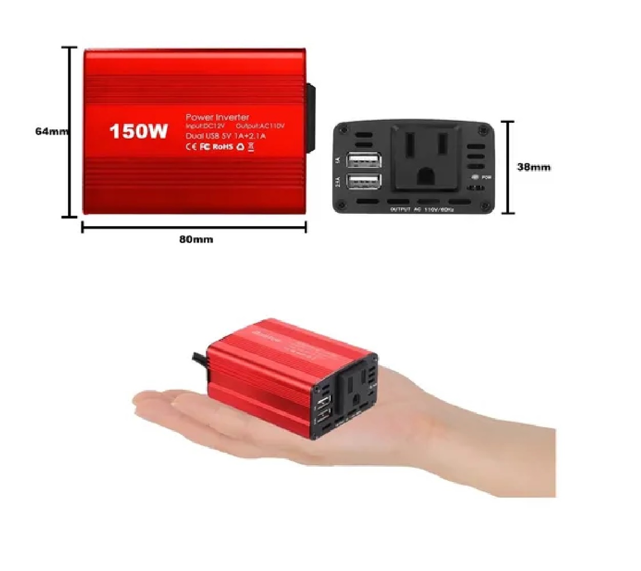 Inversor De Corriente Coche, 12v A 110v 150w, 1 Ac Y 2