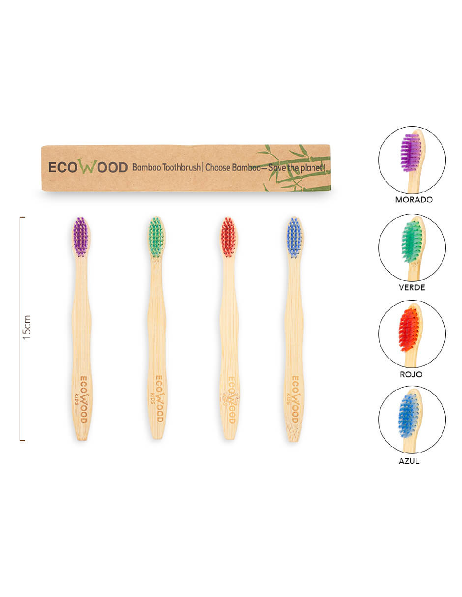 Kit 4 Cepillos de Dientes Para Niños Ecowood de Bambu Biodegradable con Cerdas Suaves