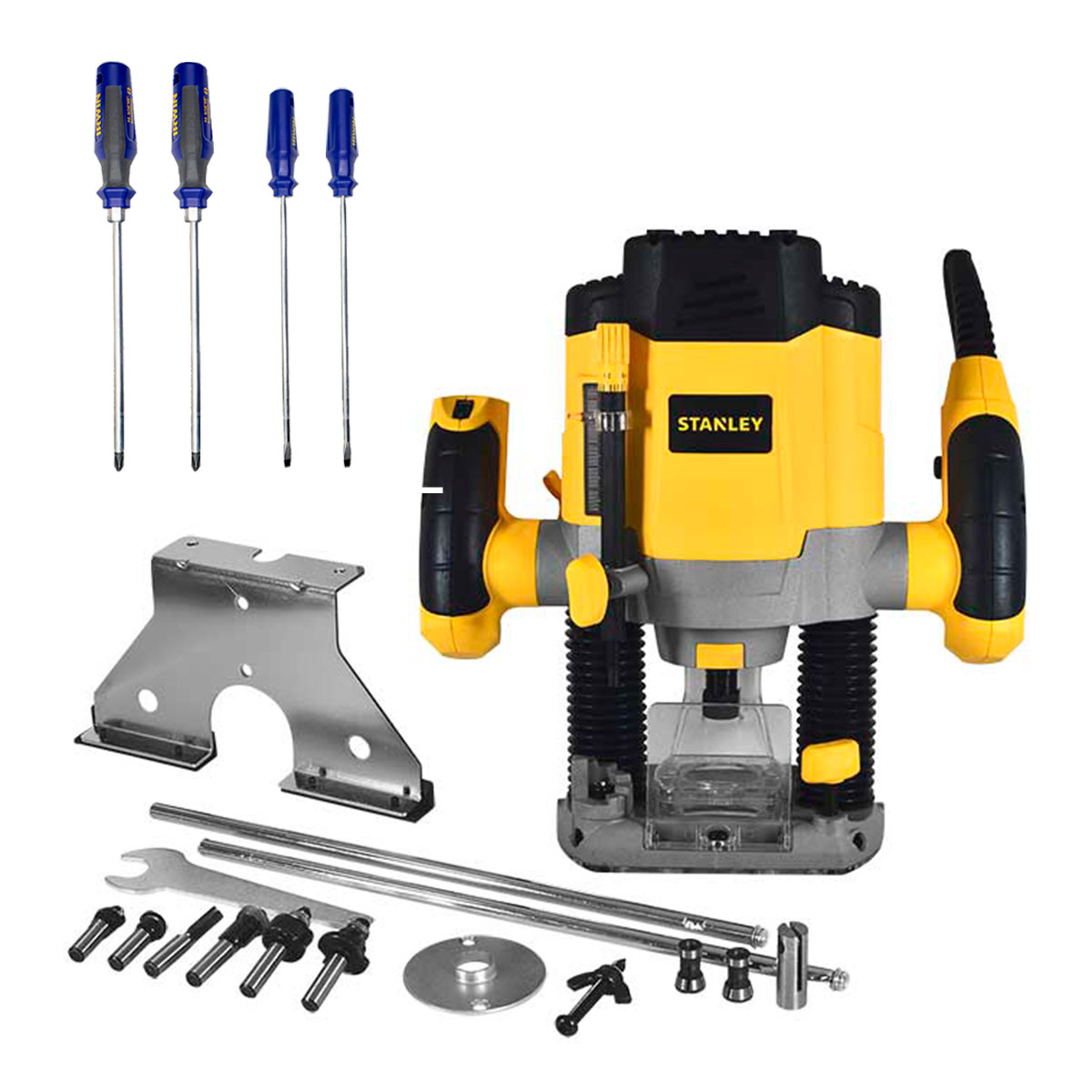 Router 1200W Stanley SRR1200W INCLUYE 3 Mordazas, Guía paralela y 6 Fresas para router Con Juego de desamadores IRWIN