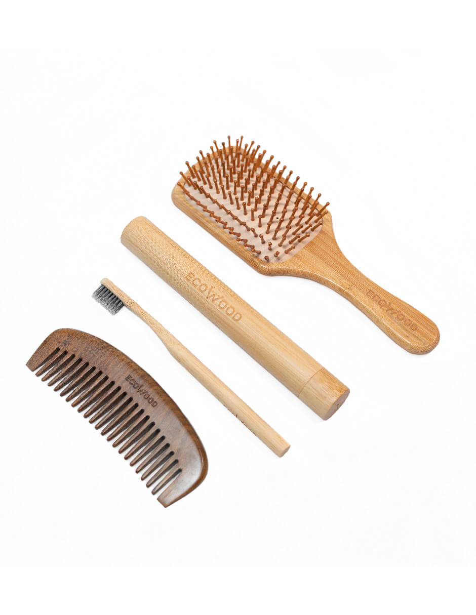 Kit de cuidado personal de bambú: cepillo para cabello, cepillo de dientes con estuche y peine de sándalo
