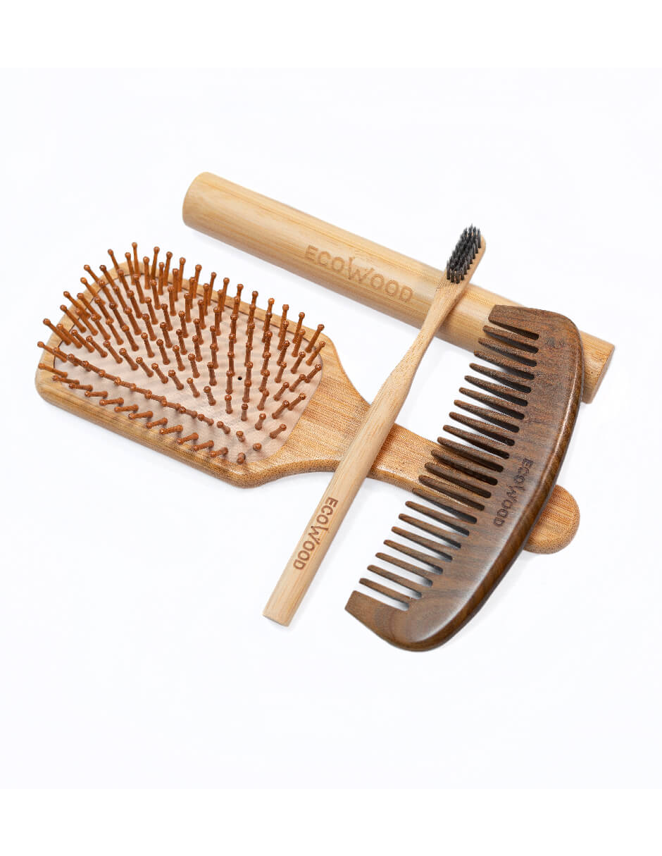 Kit de cuidado personal de bambú: cepillo para cabello, cepillo de dientes con estuche y peine de sándalo