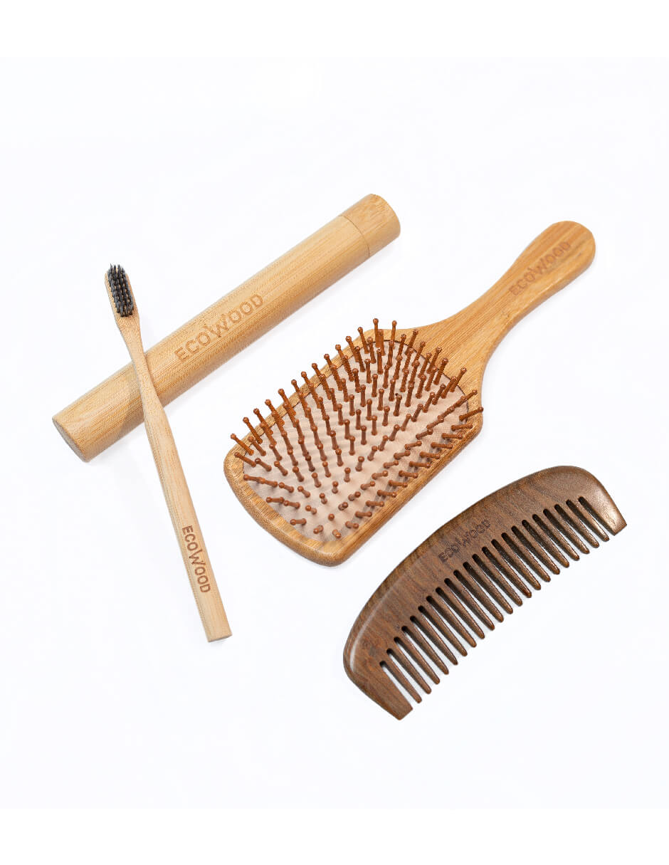 Kit de cuidado personal de bambú: cepillo para cabello, cepillo de dientes con estuche y peine de sándalo
