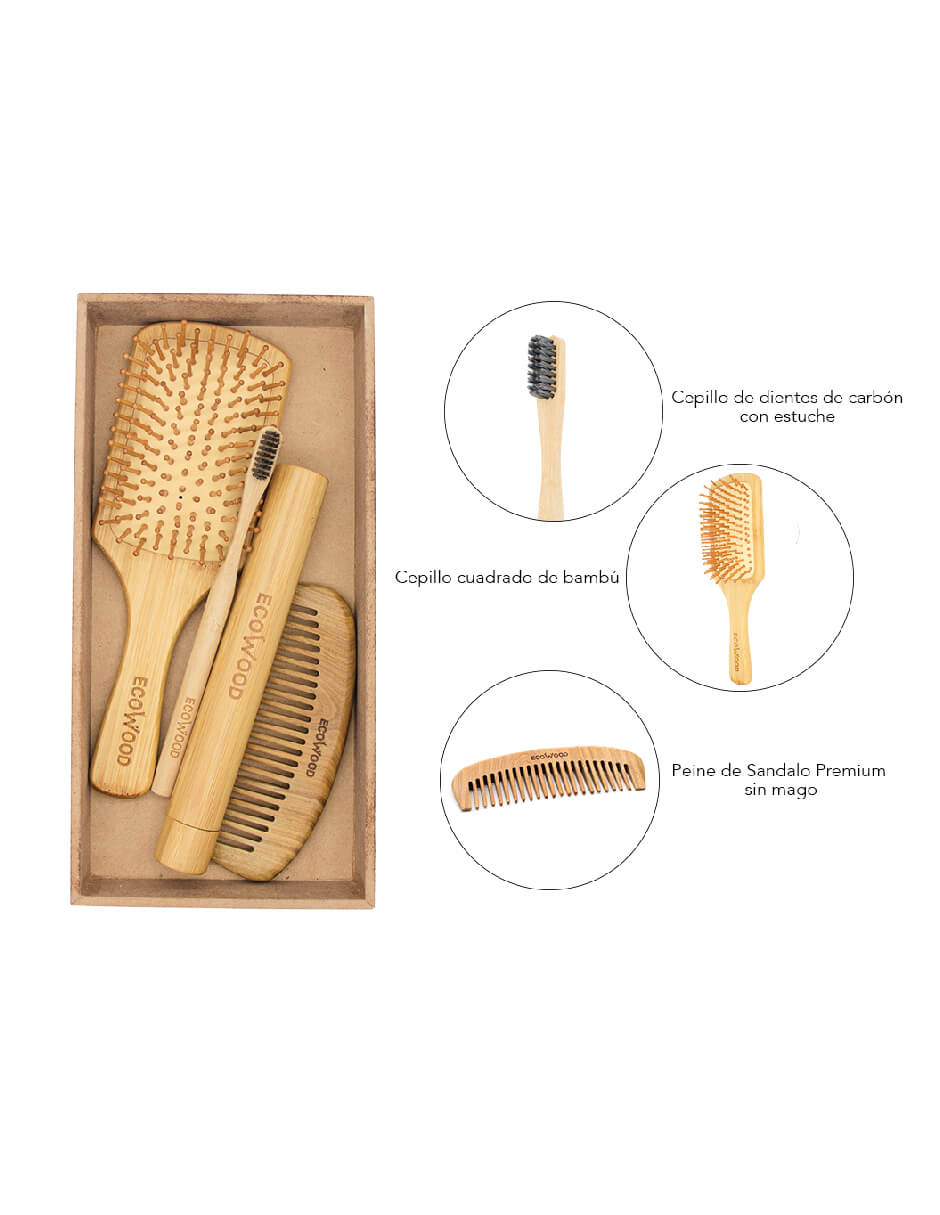 Kit de cuidado personal de bambú: cepillo para cabello, cepillo de dientes con estuche y peine de sándalo