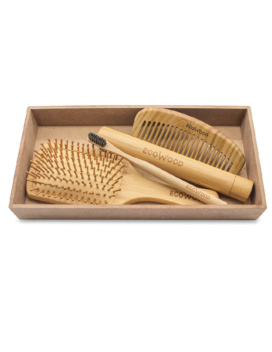 Kit de cuidado personal de bambú: cepillo para cabello, cepillo de dientes con estuche y peine de sándalo