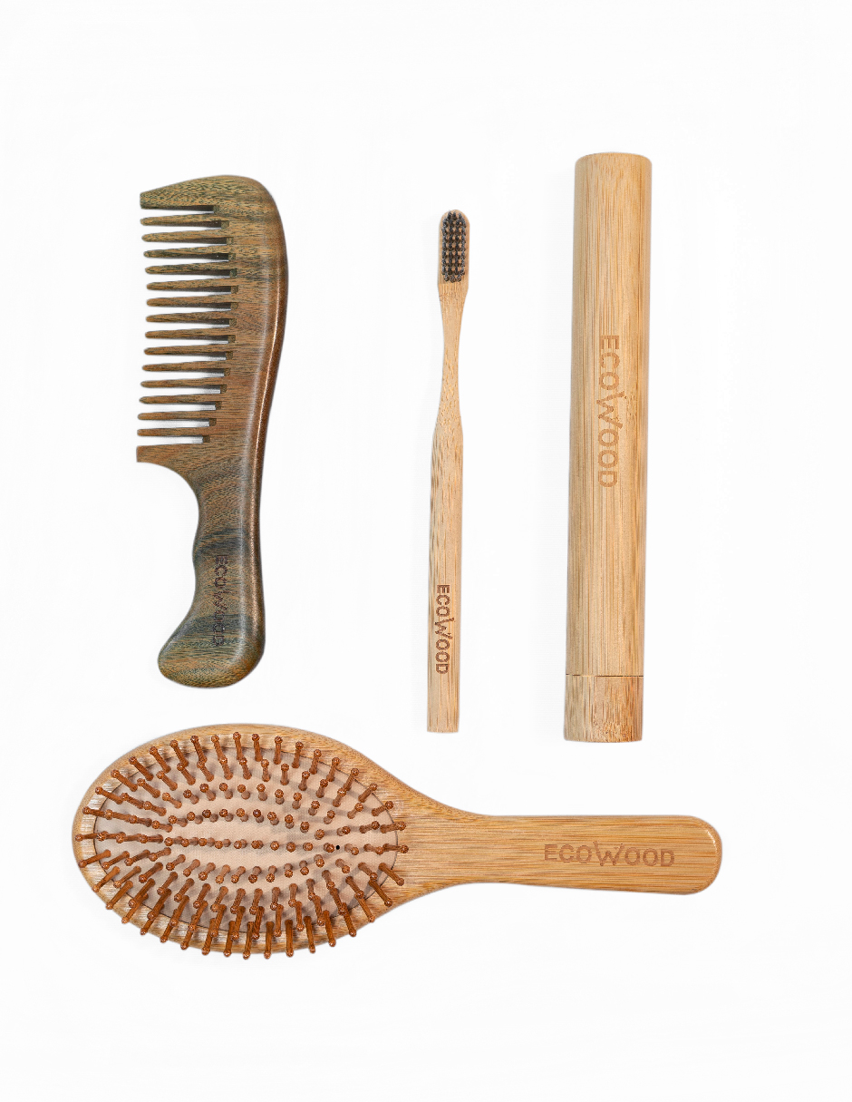 Kit de cuidado personal de bambú: cepillo para cabello, cepillo de dientes con estuche y peine de sándalo