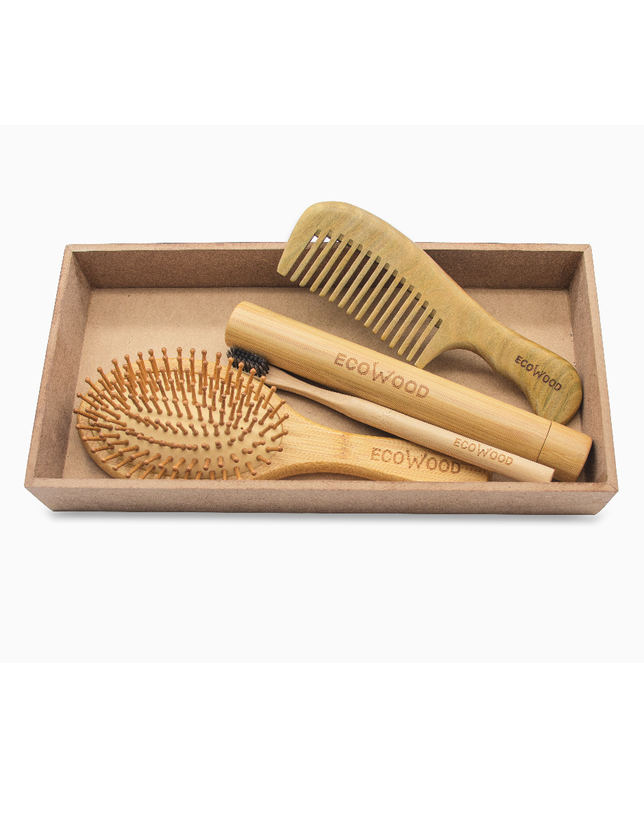 Kit de cuidado personal de bambú: cepillo para cabello, cepillo de dientes con estuche y peine de sándalo