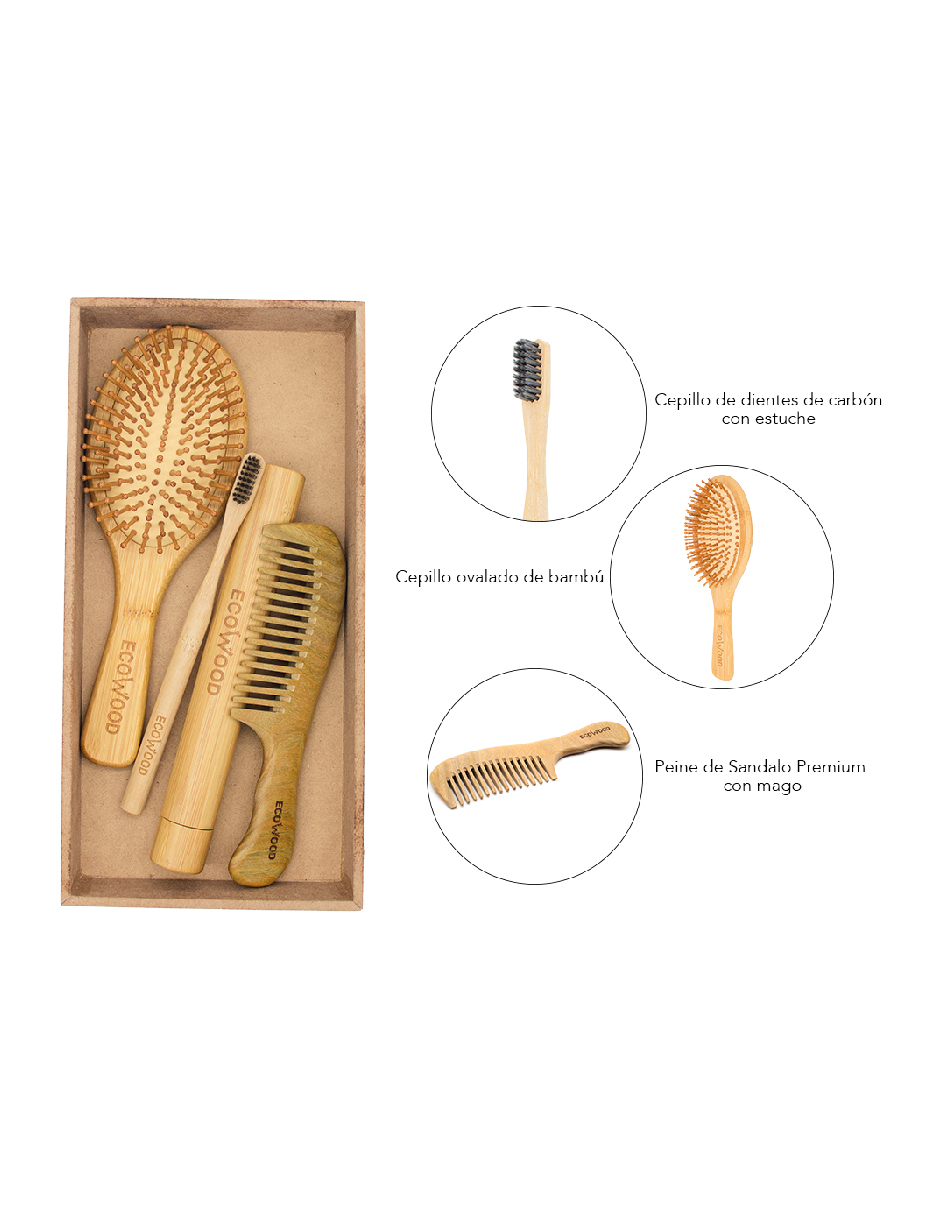 Kit de cuidado personal de bambú: cepillo para cabello, cepillo de dientes con estuche y peine de sándalo