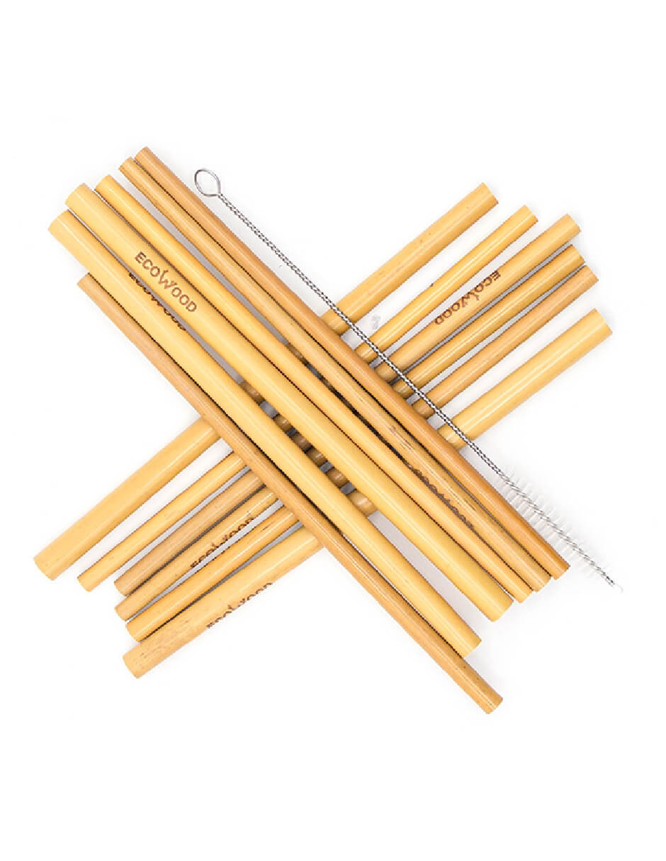 Paquete de 12 Popotes de Bambú Ecowood, incluye Limpiador de Pipas