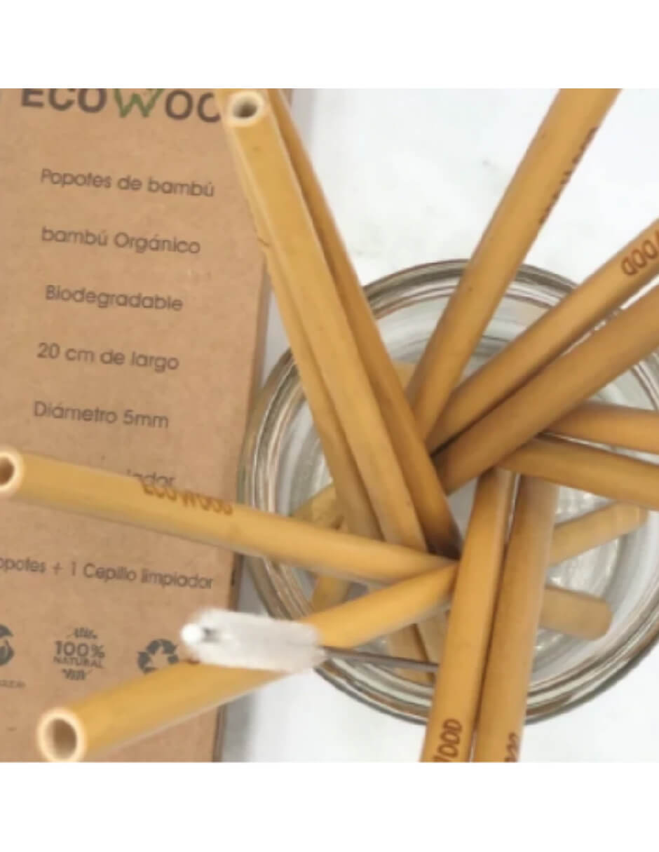Paquete de 12 Popotes de Bambú Ecowood, incluye Limpiador de Pipas