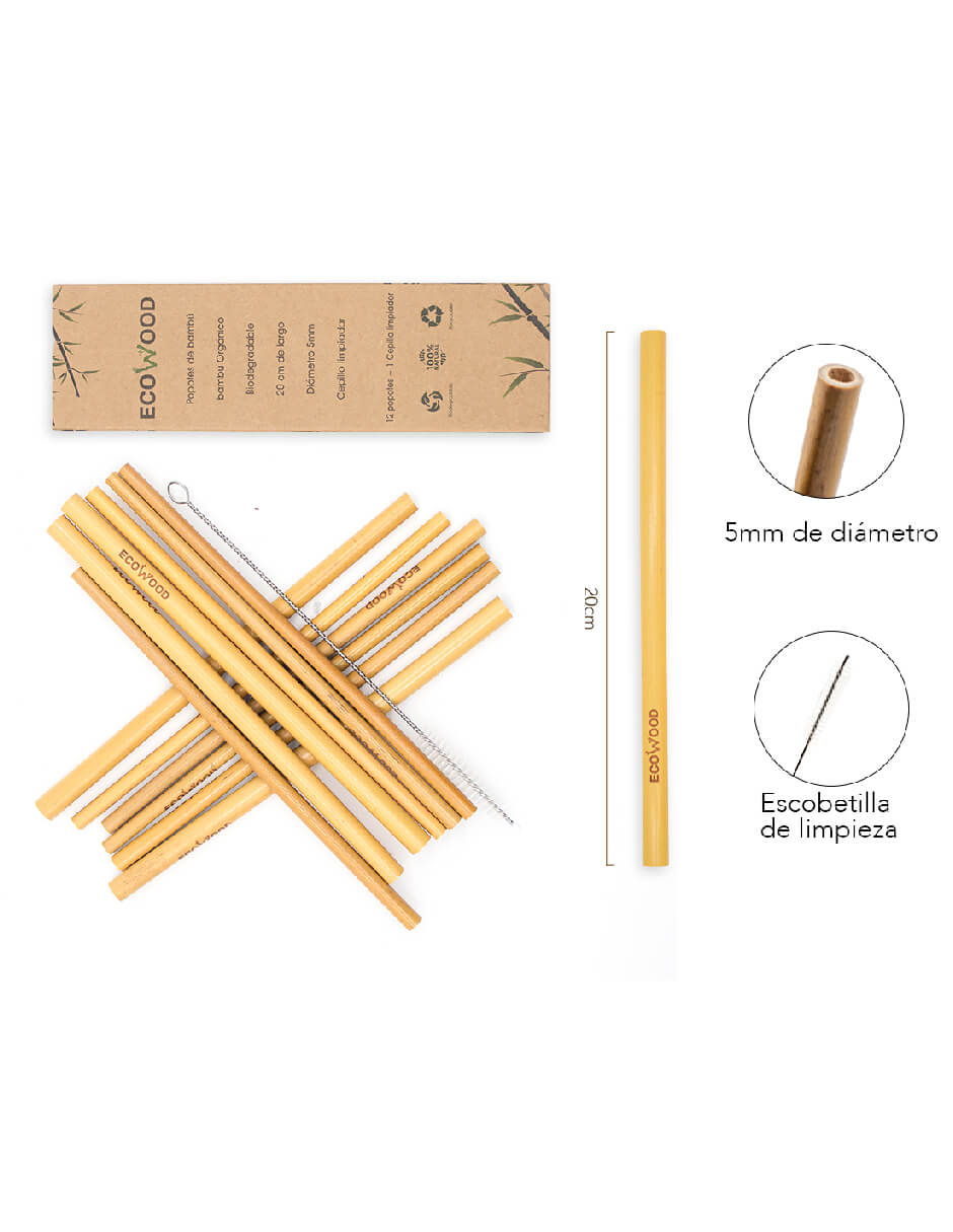 Paquete de 12 Popotes de Bambú Ecowood, incluye Limpiador de Pipas