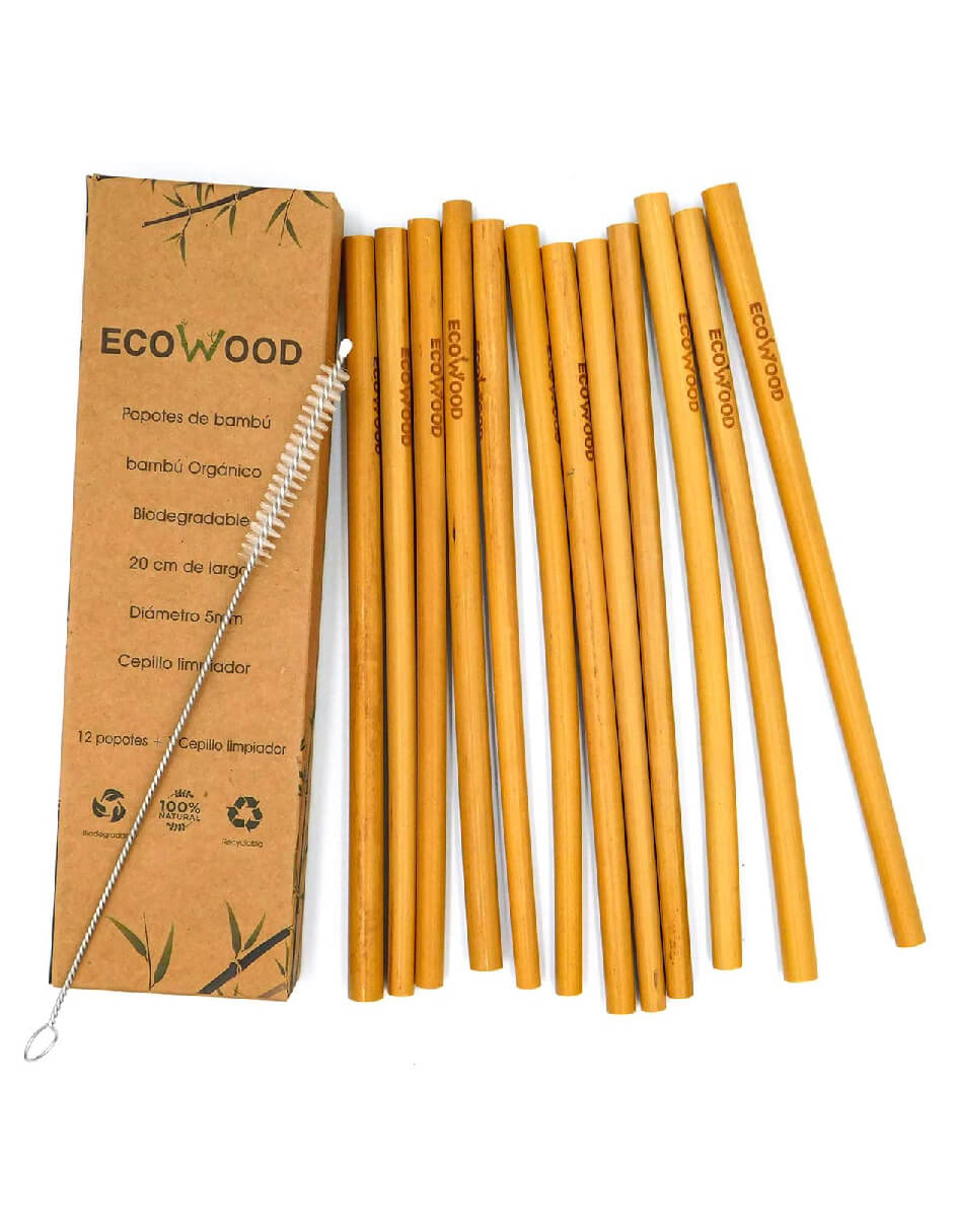 Paquete de 12 Popotes de Bambú Ecowood, incluye Limpiador de Pipas