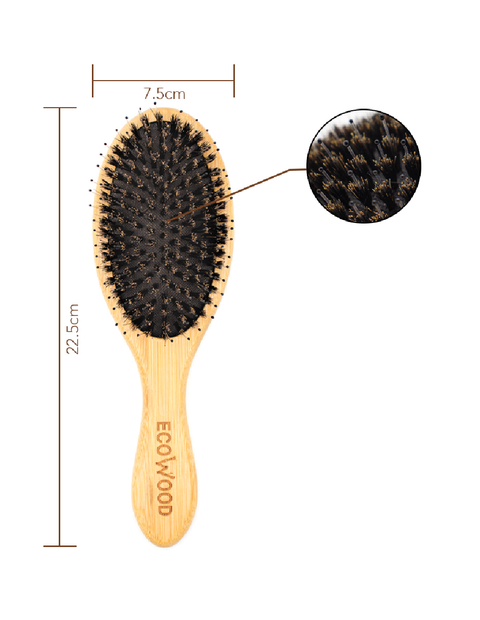 Cepillo para Cabello Ecowood de Bambú con Cerdas Naturales de Jabali y Punta Redonda