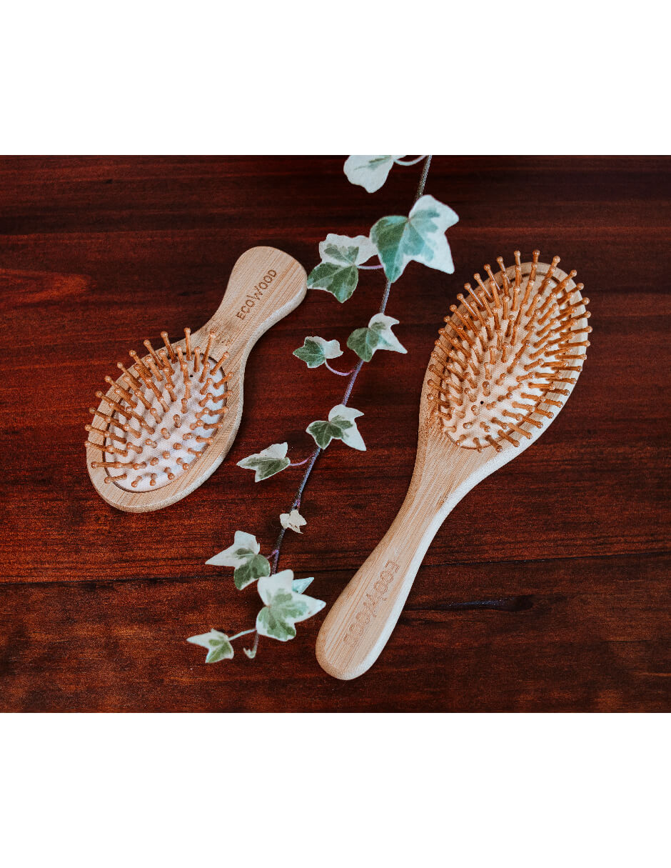 Set de 2 Cepillos para Cabello Ecowood de Bambú con Punta Redonda (Tamaño Estandar y de Bolsillo)