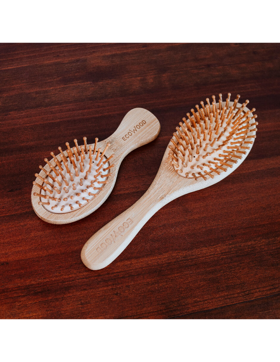 Set de 2 Cepillos para Cabello Ecowood de Bambú con Punta Redonda (Tamaño Estandar y de Bolsillo)