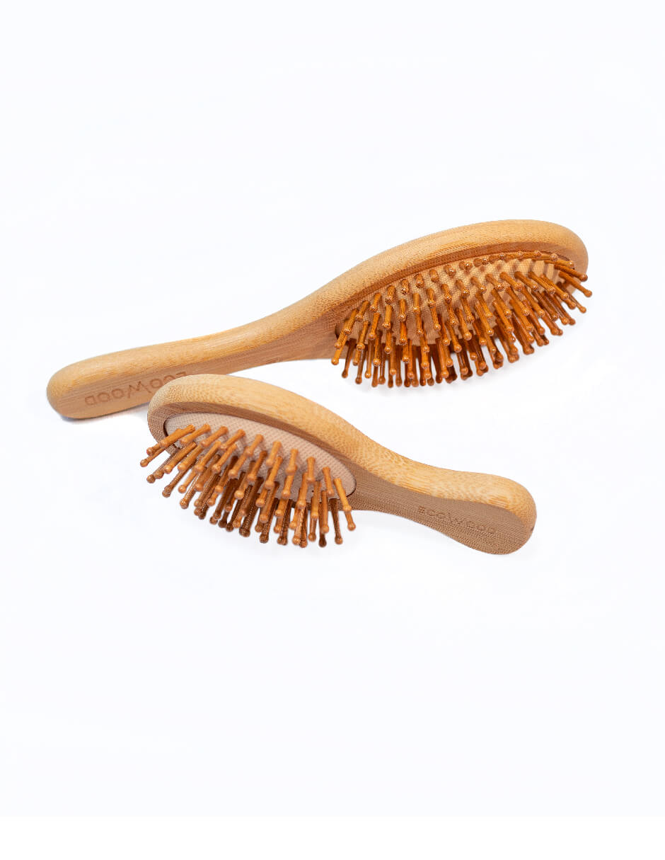 Set de 2 Cepillos para Cabello Ecowood de Bambú con Punta Redonda (Tamaño Estandar y de Bolsillo)