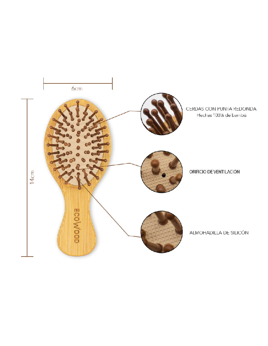 Set de 2 Cepillos para Cabello Ecowood de Bambú con Punta Redonda (Tamaño Estandar y de Bolsillo)
