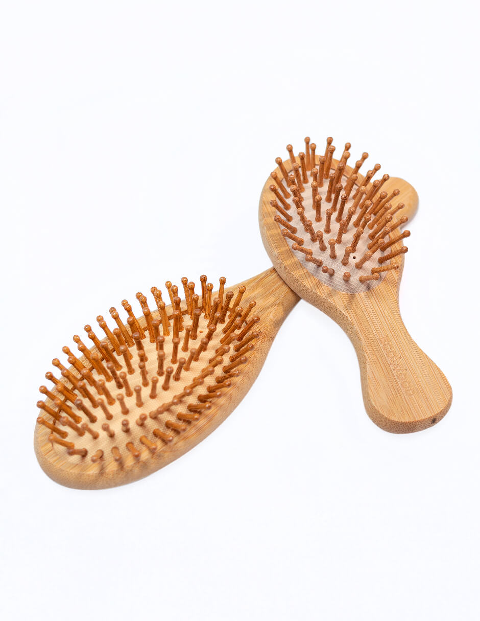 Set de 2 Cepillos para Cabello Ecowood de Bambú con Punta Redonda (Tamaño Estandar y de Bolsillo)
