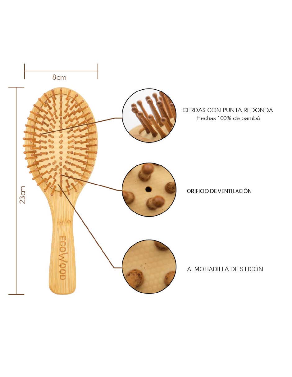 Set de 2 Cepillos para Cabello Ecowood de Bambú con Punta Redonda (Tamaño Estandar y de Bolsillo)
