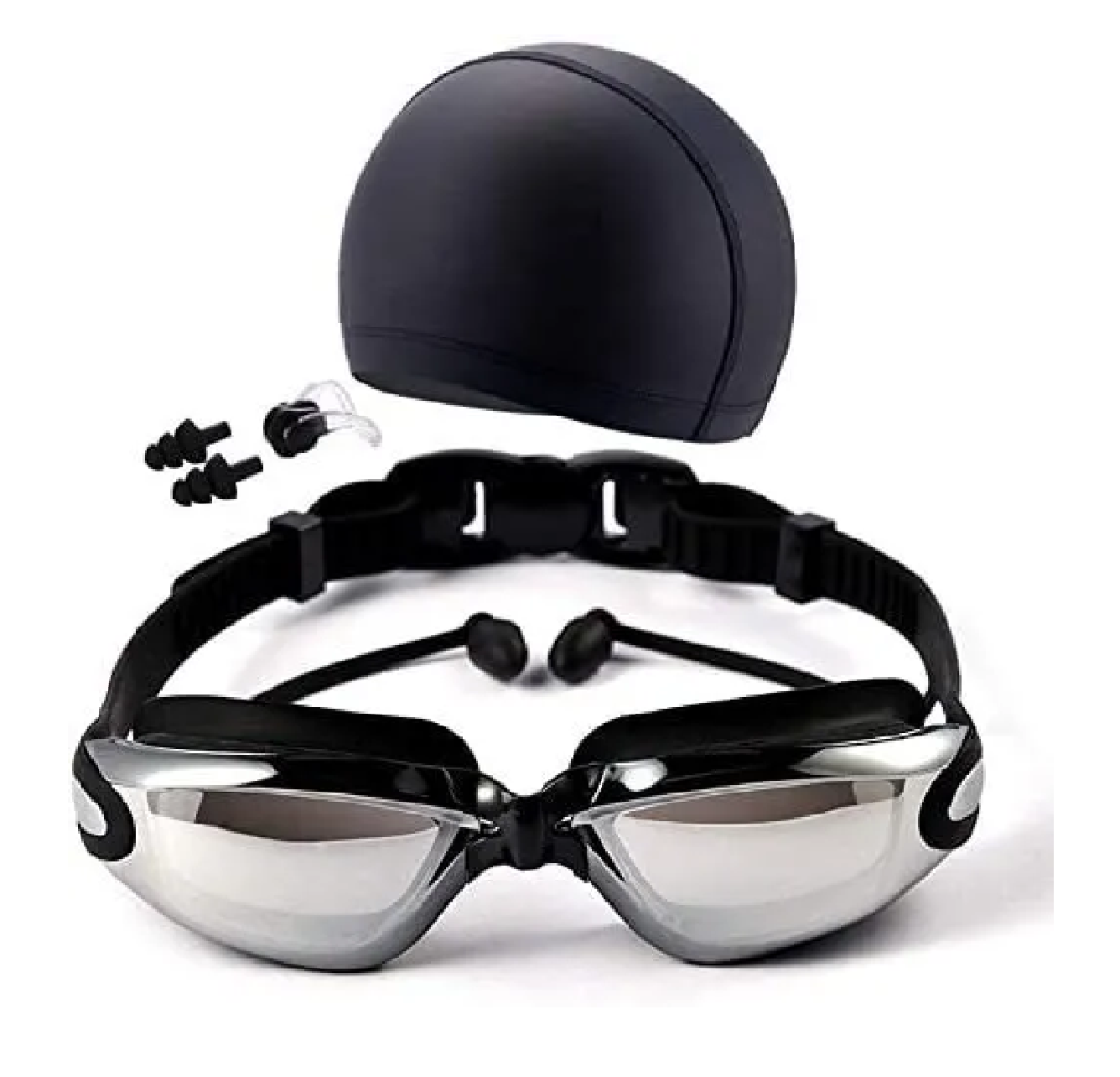 Set Goggles De Natación C/gorra/tapones Auditivos/clip De Nariz