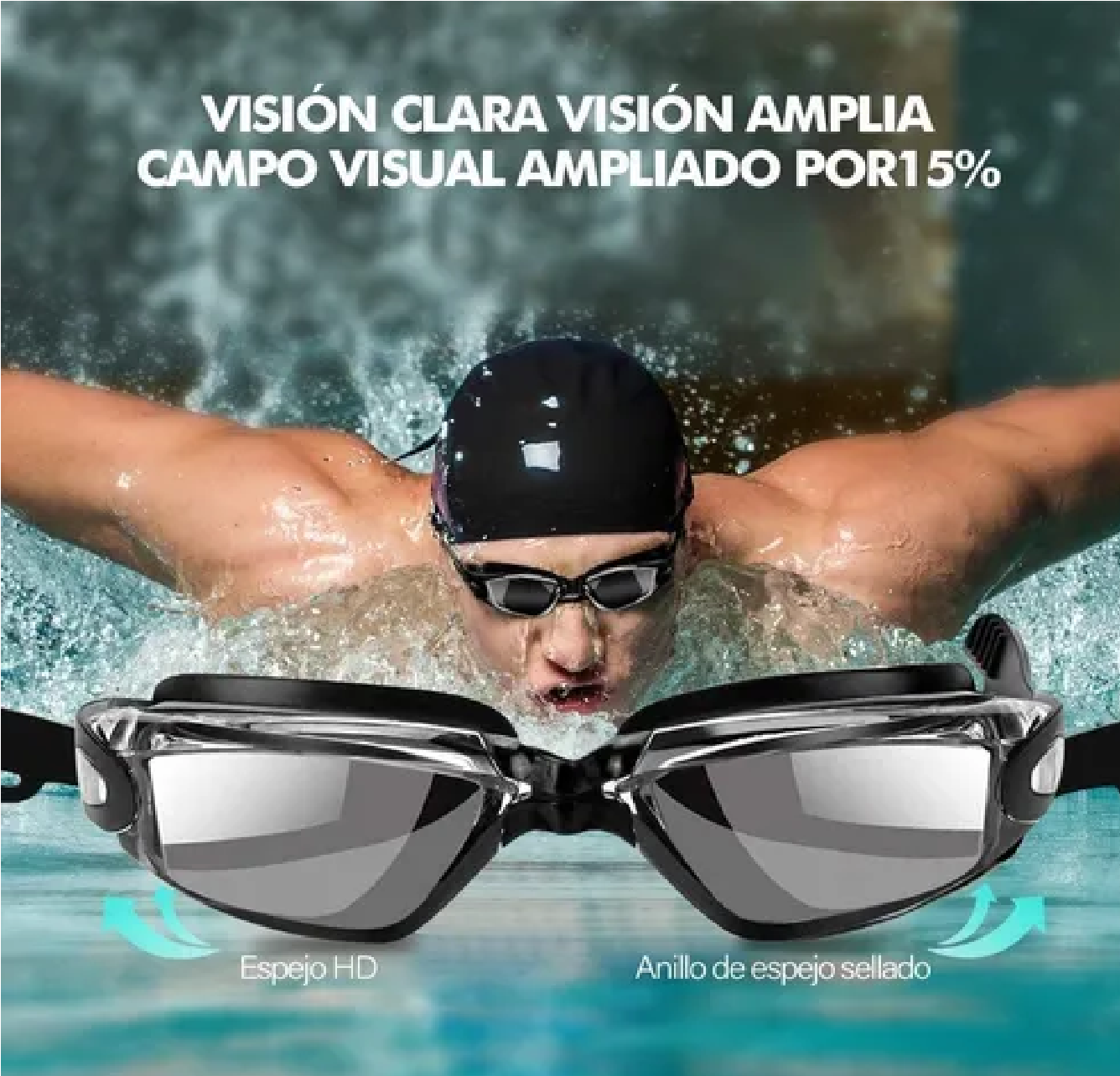 Set Goggles De Natación C/gorra/tapones Auditivos/clip De Nariz
