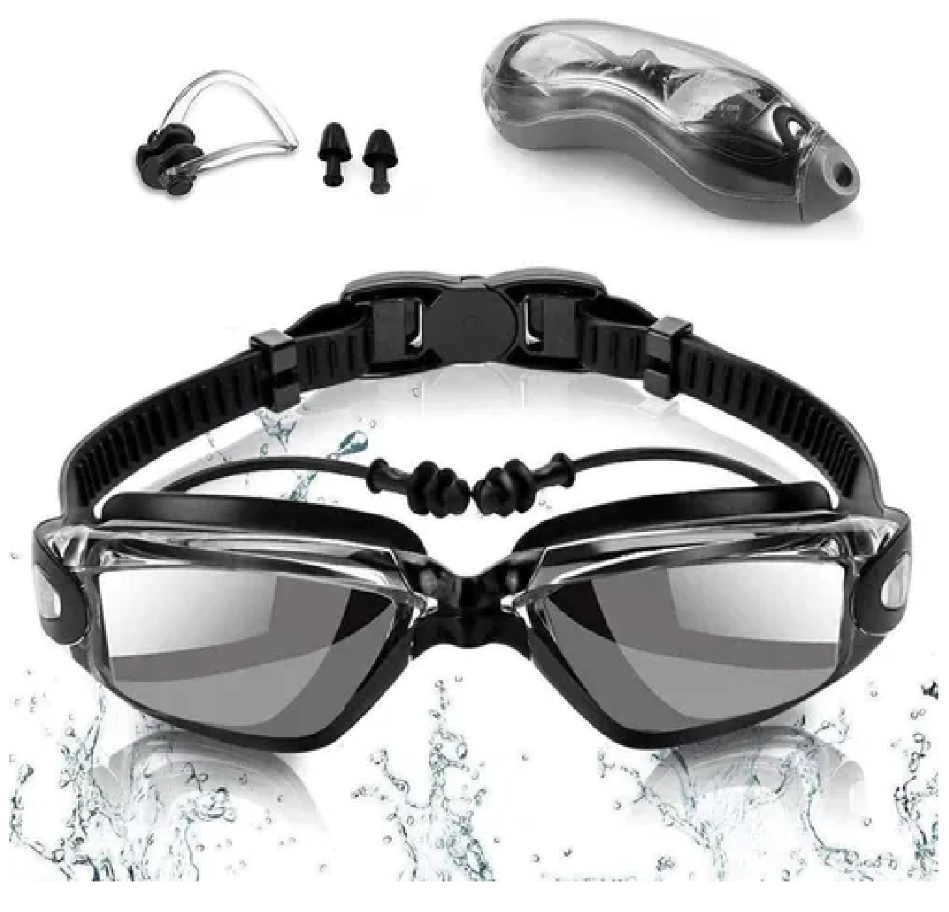Set Goggles De Natación C/gorra/tapones Auditivos/clip De Nariz