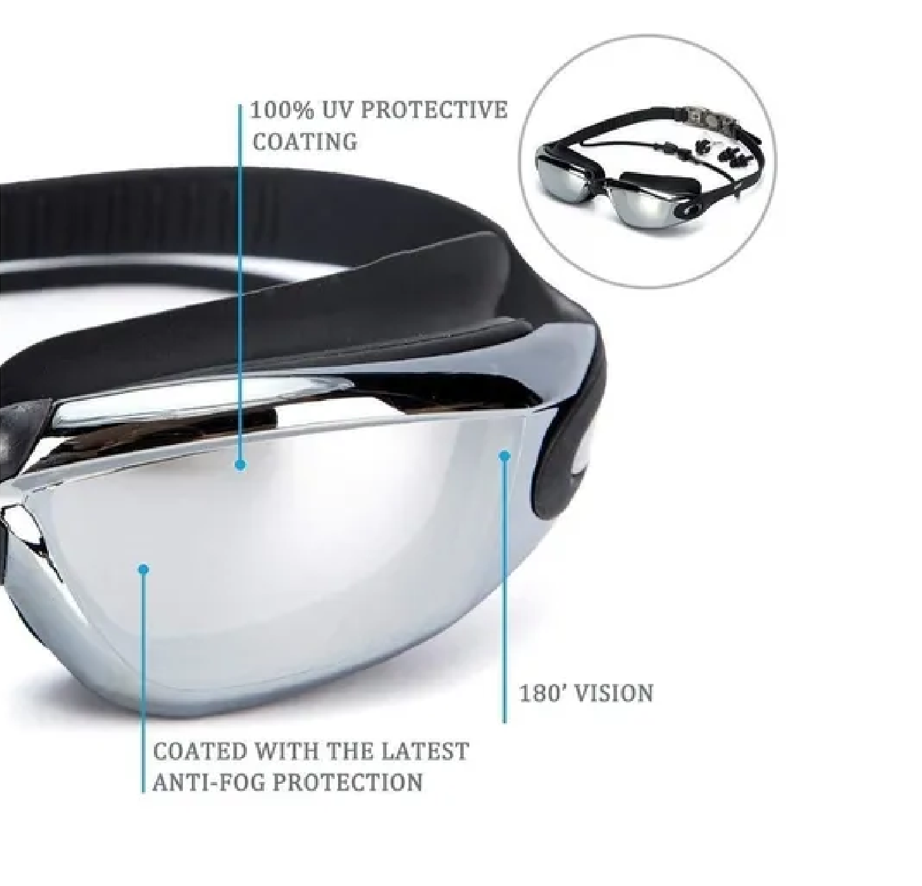 Set Goggles De Natación C/gorra/tapones Auditivos/clip De Nariz