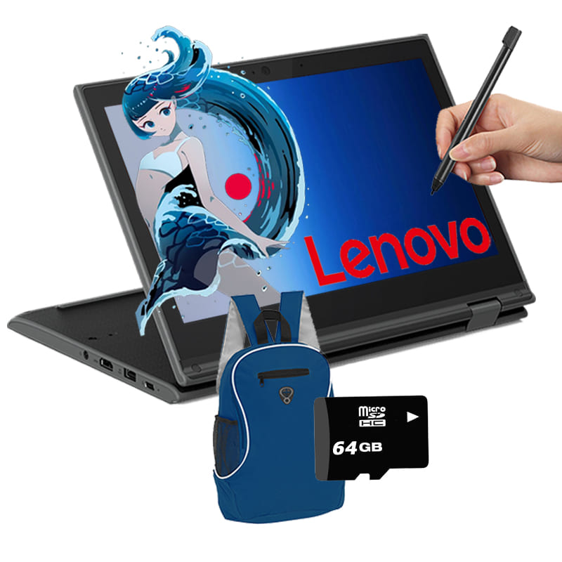 Laptop Lenovo 300e 2 en 1 Pantalla Táctil 11.6 Pulgadas Intel Celeron N4120 Disco duro 64 GB Ram 4 GB Windows 10 - Negro + Pluma Tactil + Mochila + Microsd 64GB