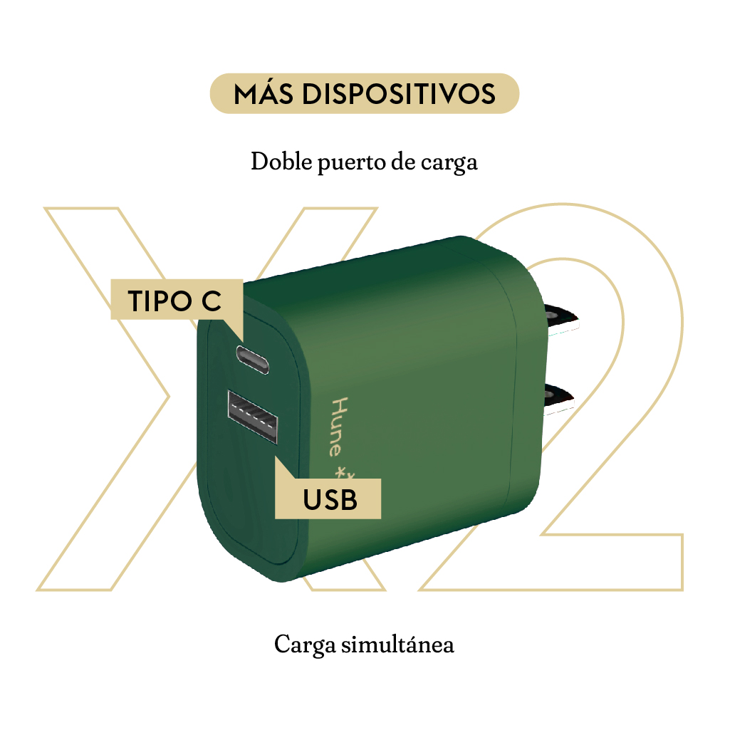 Cargador De Pared Hune Sustentable Usb + Tipo C Carga Rápida.