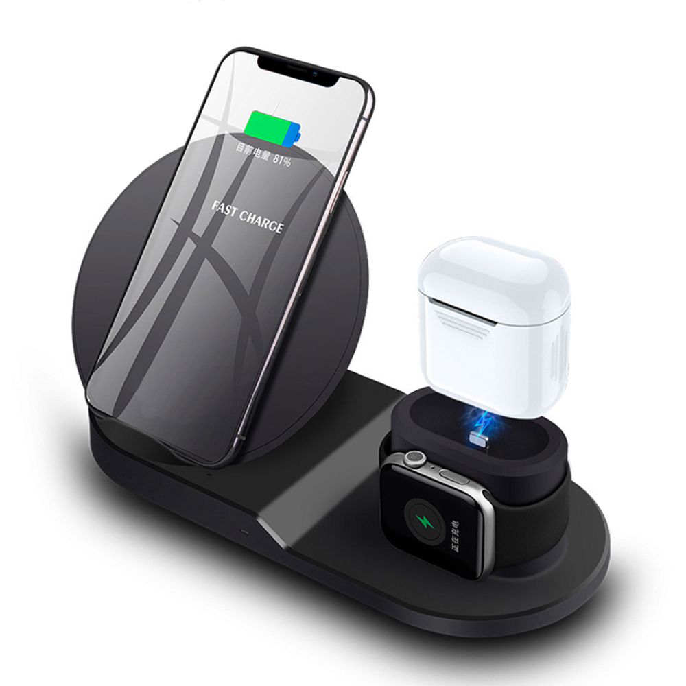 Base 3 En 1 Carga Rápida Inalámbrico IPhone, Apple Watch, AirPod CH74 Color Negro