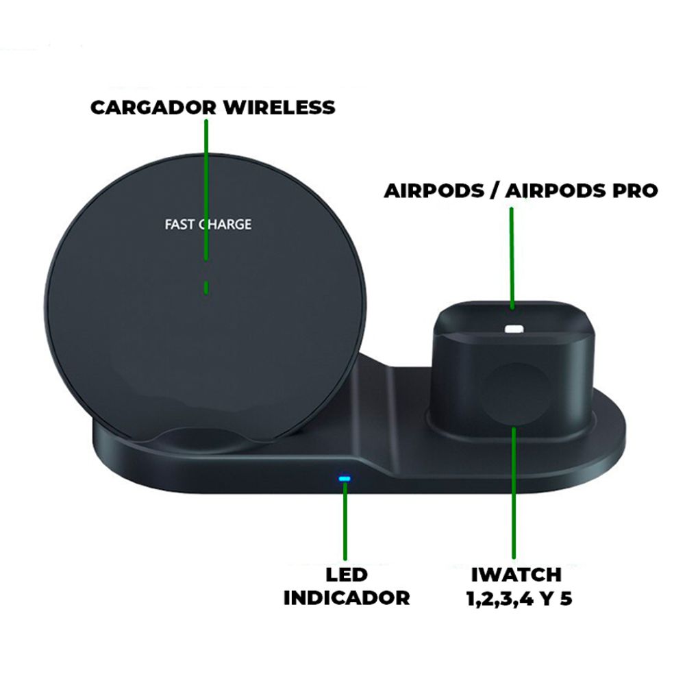 Base 3 En 1 Carga Rápida Inalámbrico IPhone, Apple Watch, AirPod CH74 Color Negro