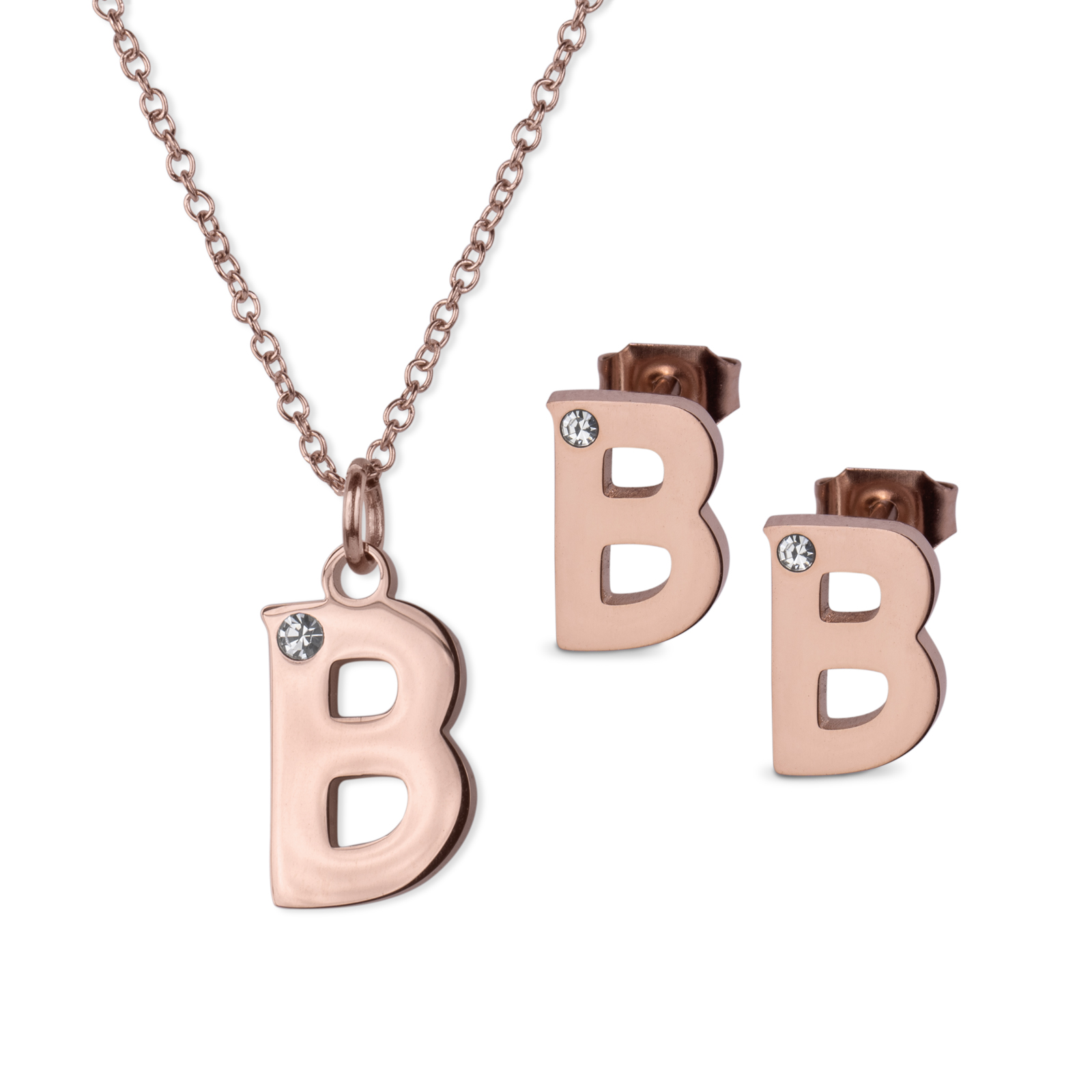 LuckyLy Set de Joyería para Mujer de Iniciales, Acero Inoxidable con Baño de Oro Rosa 18k y Zirconia Cúbica, Collar y Aretes Letras, Modelo Yara