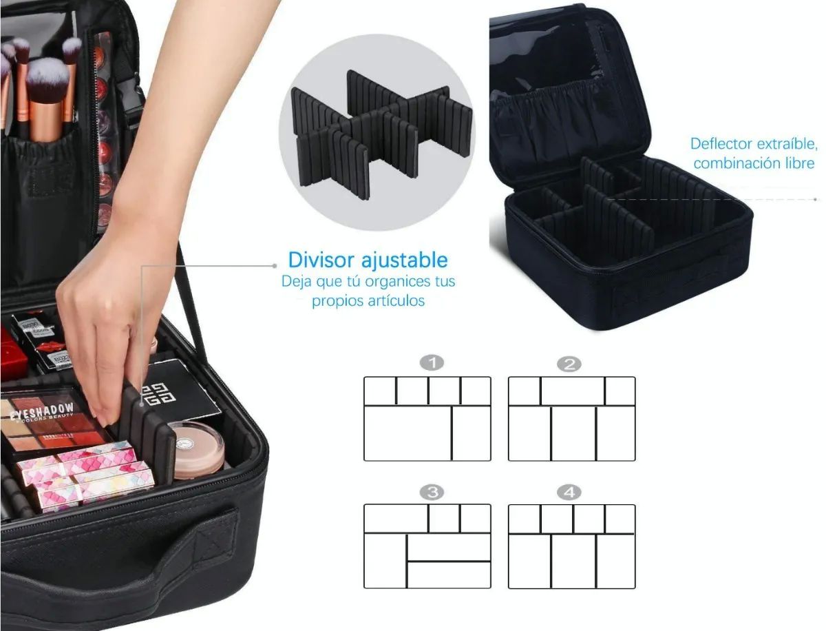 Maletín Maquillaje Cosmetiquera Con Divisor Ajustable Negra