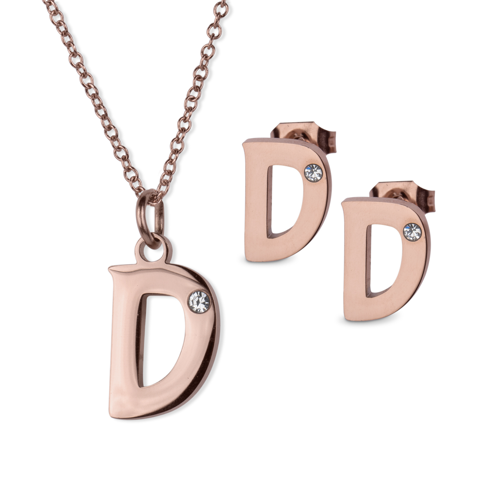 LuckyLy Set de Joyería para Mujer de Iniciales, Acero Inoxidable con Baño de Oro Rosa 18k y Zirconia Cúbica, Collar y Aretes Letras, Modelo Yara
