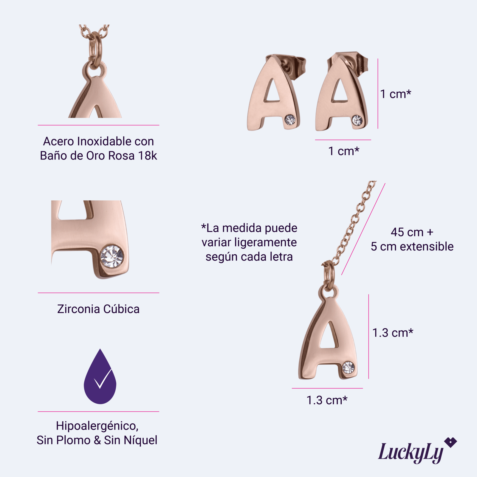 LuckyLy Set de Joyería para Mujer de Iniciales, Acero Inoxidable con Baño de Oro Rosa 18k y Zirconia Cúbica, Collar y Aretes Letras, Modelo Yara