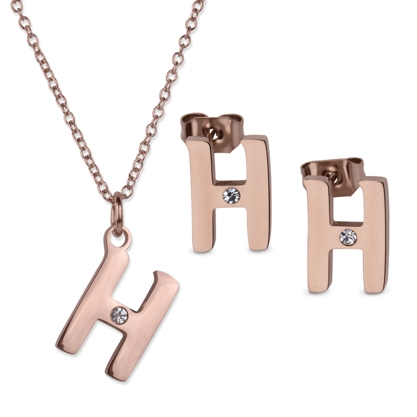 LuckyLy Set de Joyería para Mujer de Iniciales, Acero Inoxidable con Baño de Oro Rosa 18k y Zirconia Cúbica, Collar y Aretes Letras, Modelo Yara
