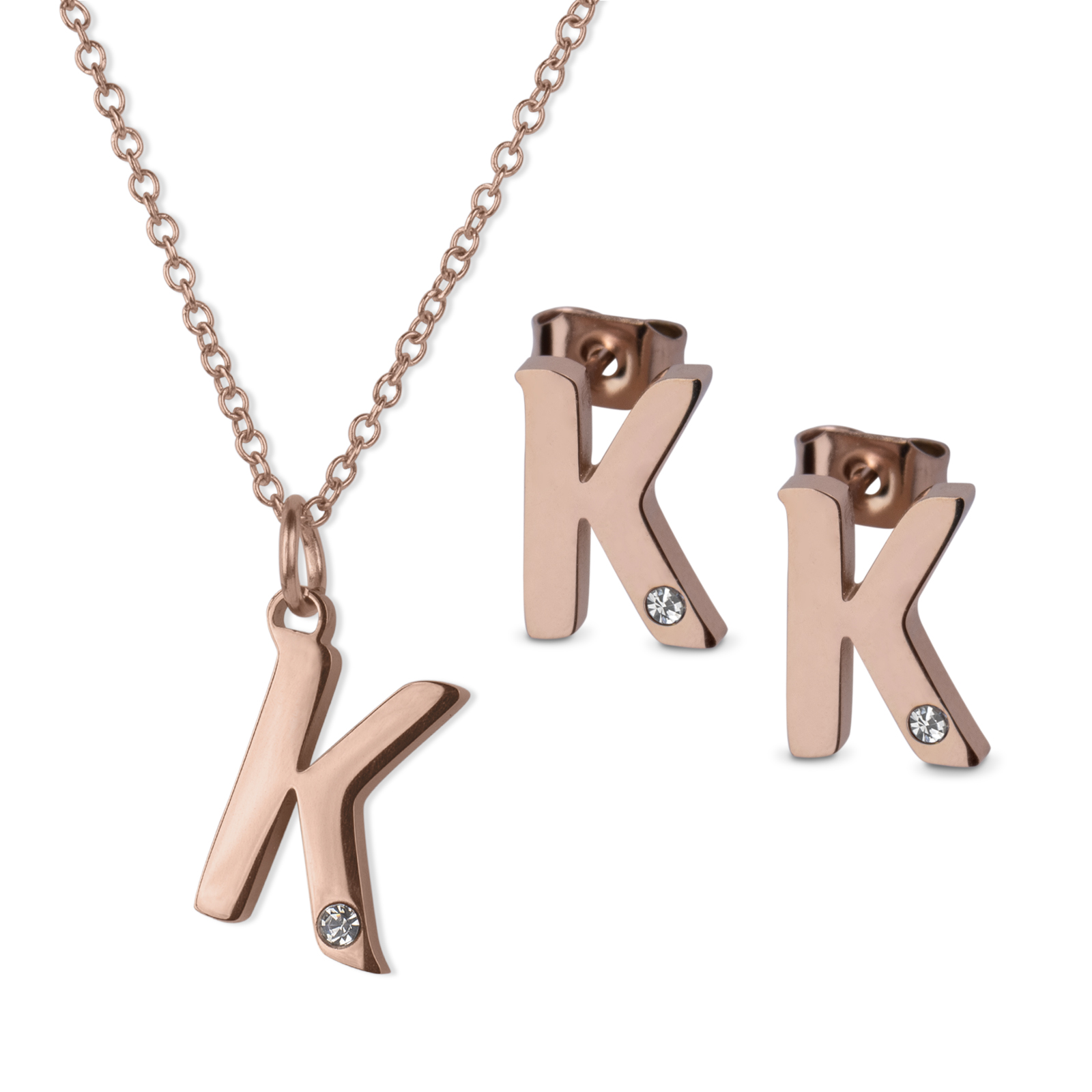 LuckyLy Set de Joyería para Mujer de Iniciales, Acero Inoxidable con Baño de Oro Rosa 18k y Zirconia Cúbica, Collar y Aretes Letras, Modelo Yara