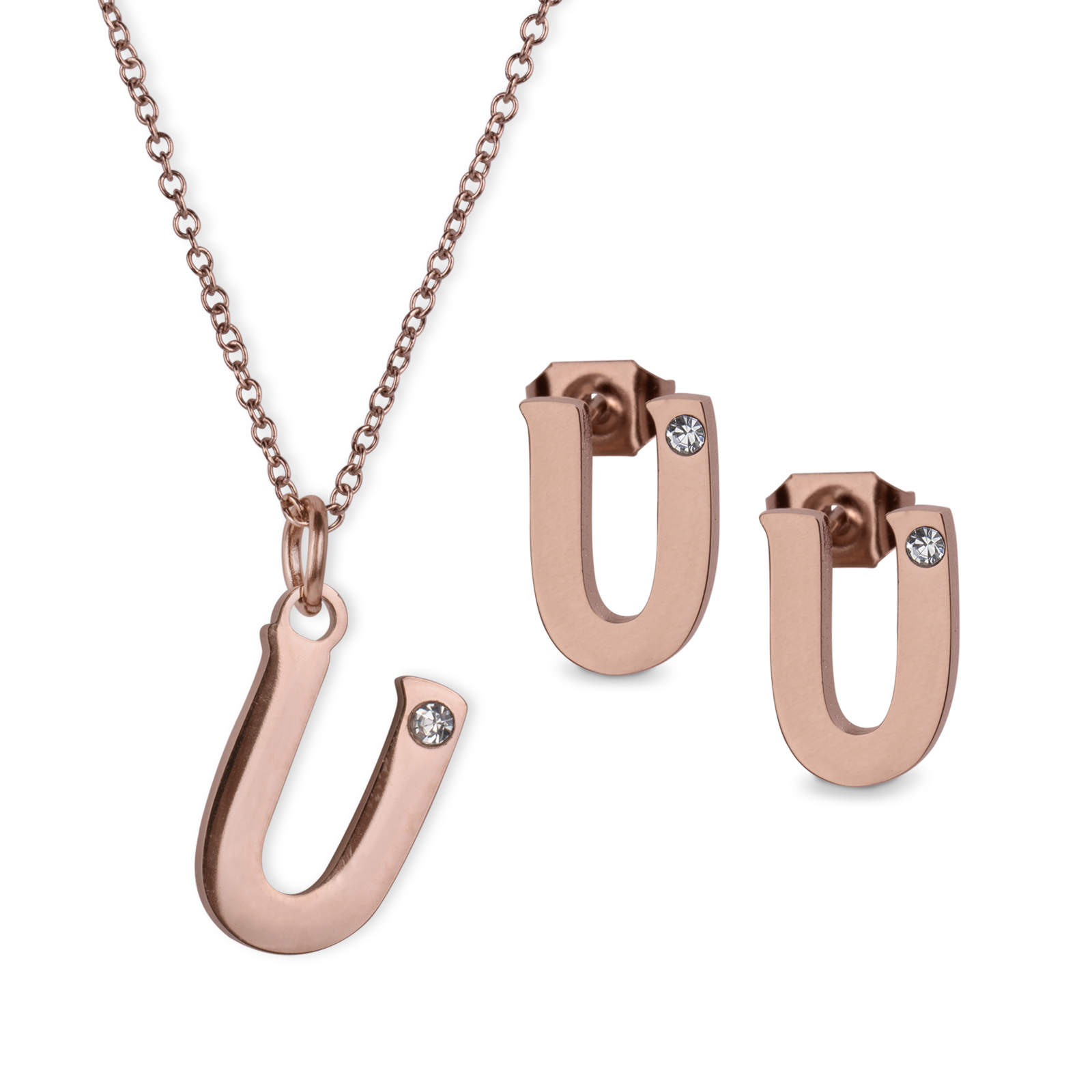 LuckyLy Set de Joyería para Mujer de Iniciales, Acero Inoxidable con Baño de Oro Rosa 18k y Zirconia Cúbica, Collar y Aretes Letras, Modelo Yara