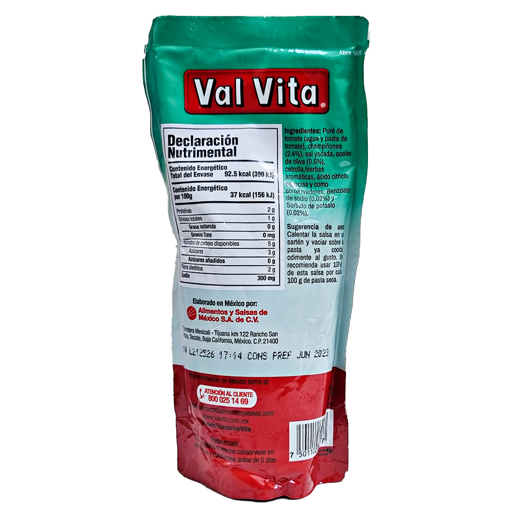 Salsa Para Pasta De Tomate Con Champiñones Val Vita 250g