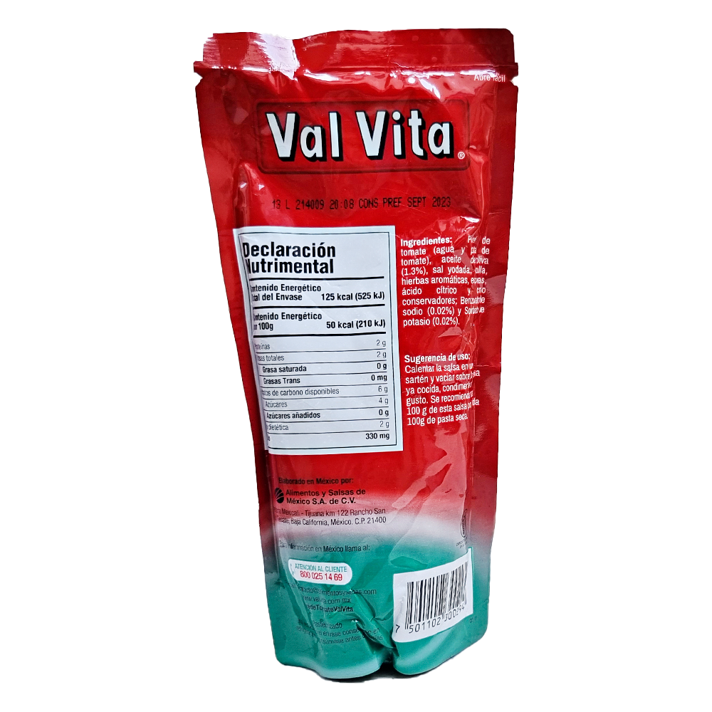Salsa Para Pasta Con Tomate Val Vita 250g Insrantanea