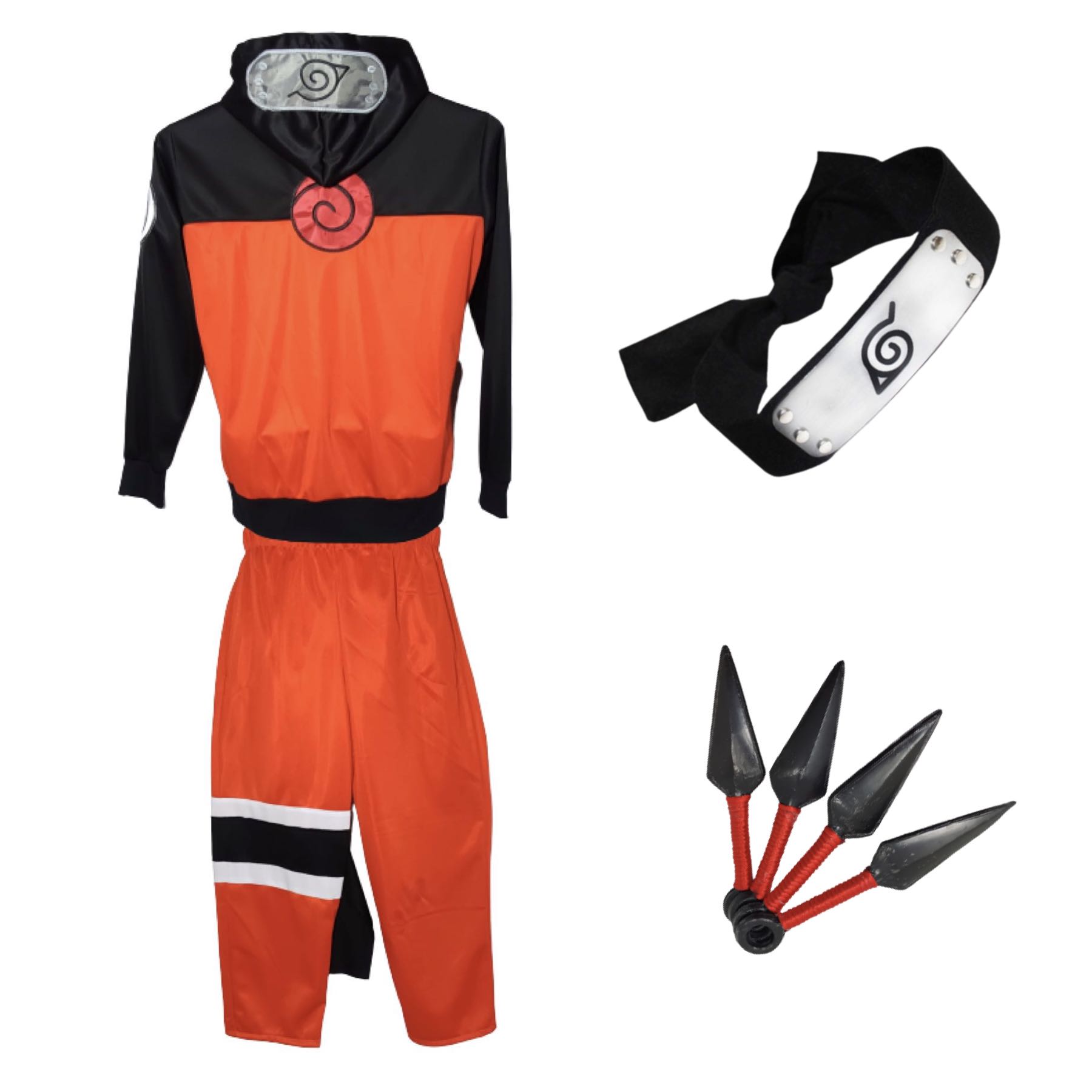 Disfraz Cosplay Para Niños de Naruto Conjunto Con Sudadera y Pantalón + Banda de la Hoja + 4 Kunais Armas Ninja Sasuke Konoha