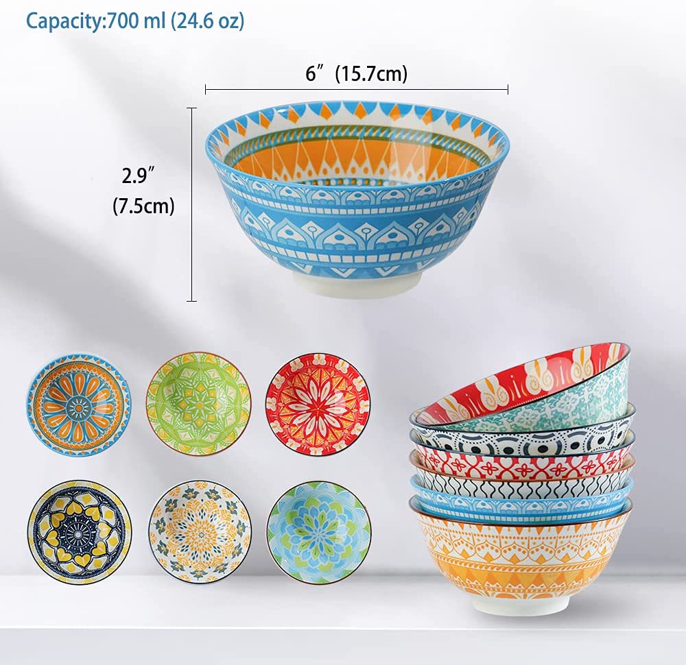 Juego de 6 Bowls para cereales de porcelana capacidad de 700 ml (23 onzas).