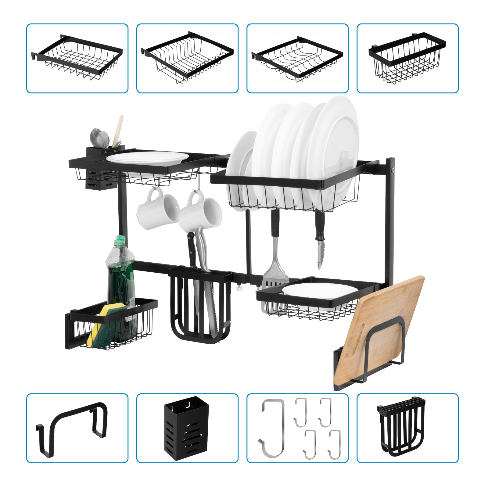 Escurridor de Platos sobre Fregadero de Acero Inoxidable, Ajustable 85-115 cm con Accesorios Intercambiables