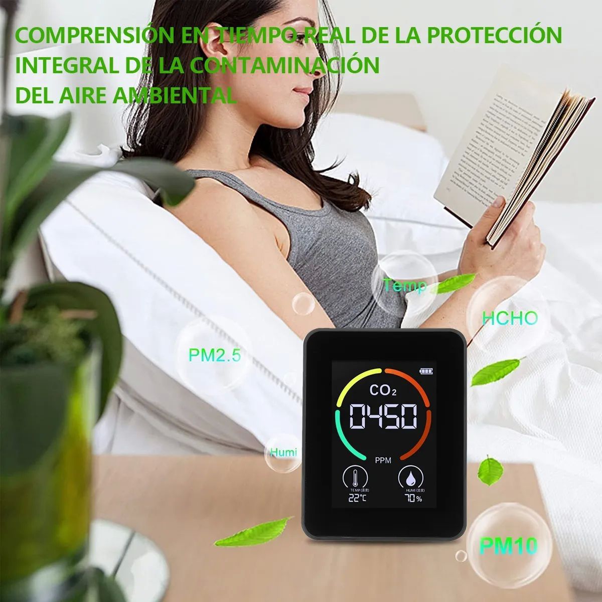 Detector De Co2 Monitor Calidad Del Ppm Negro