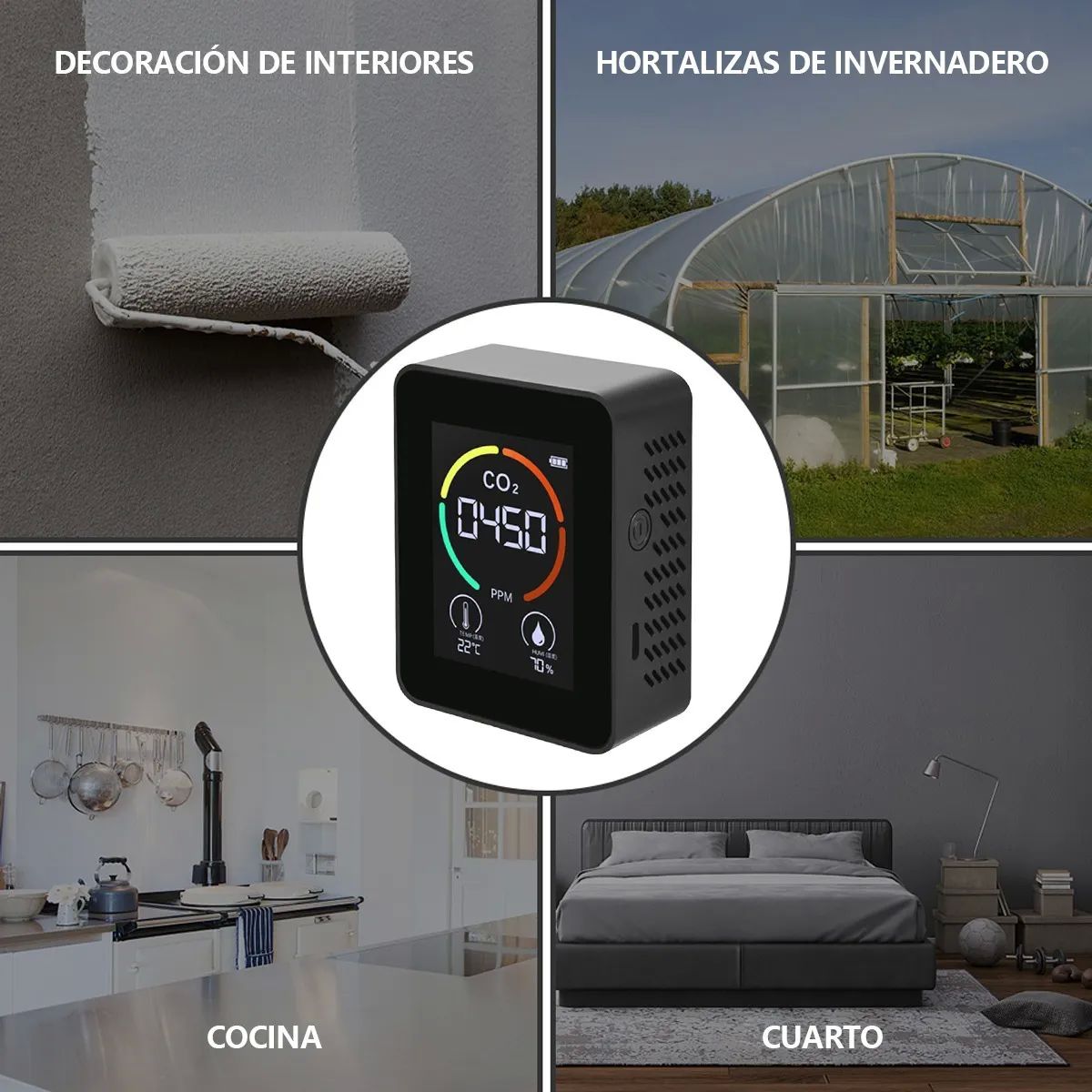 Detector De Co2 Monitor Calidad Del Ppm Negro