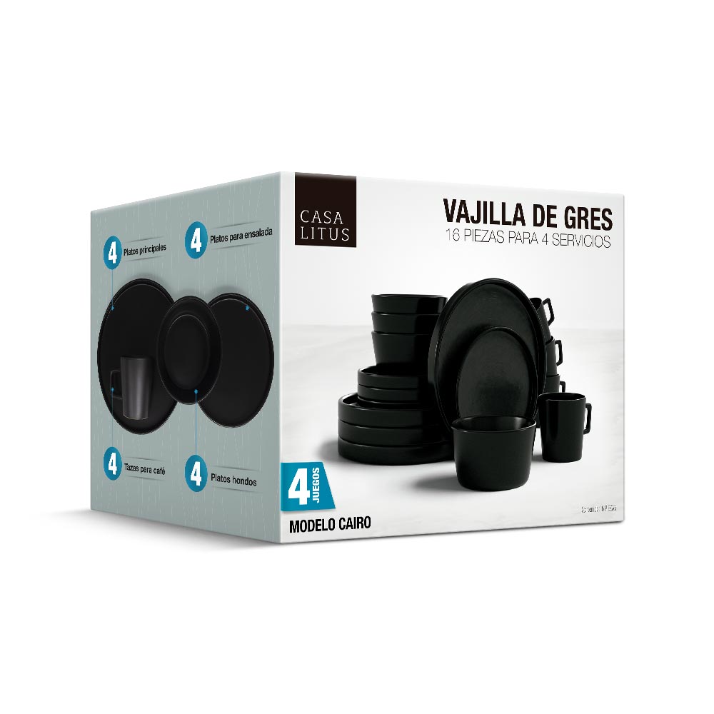 Vajilla de Gres Moderna 4 Personas 16 Piezas Platos Taza Casa Litus