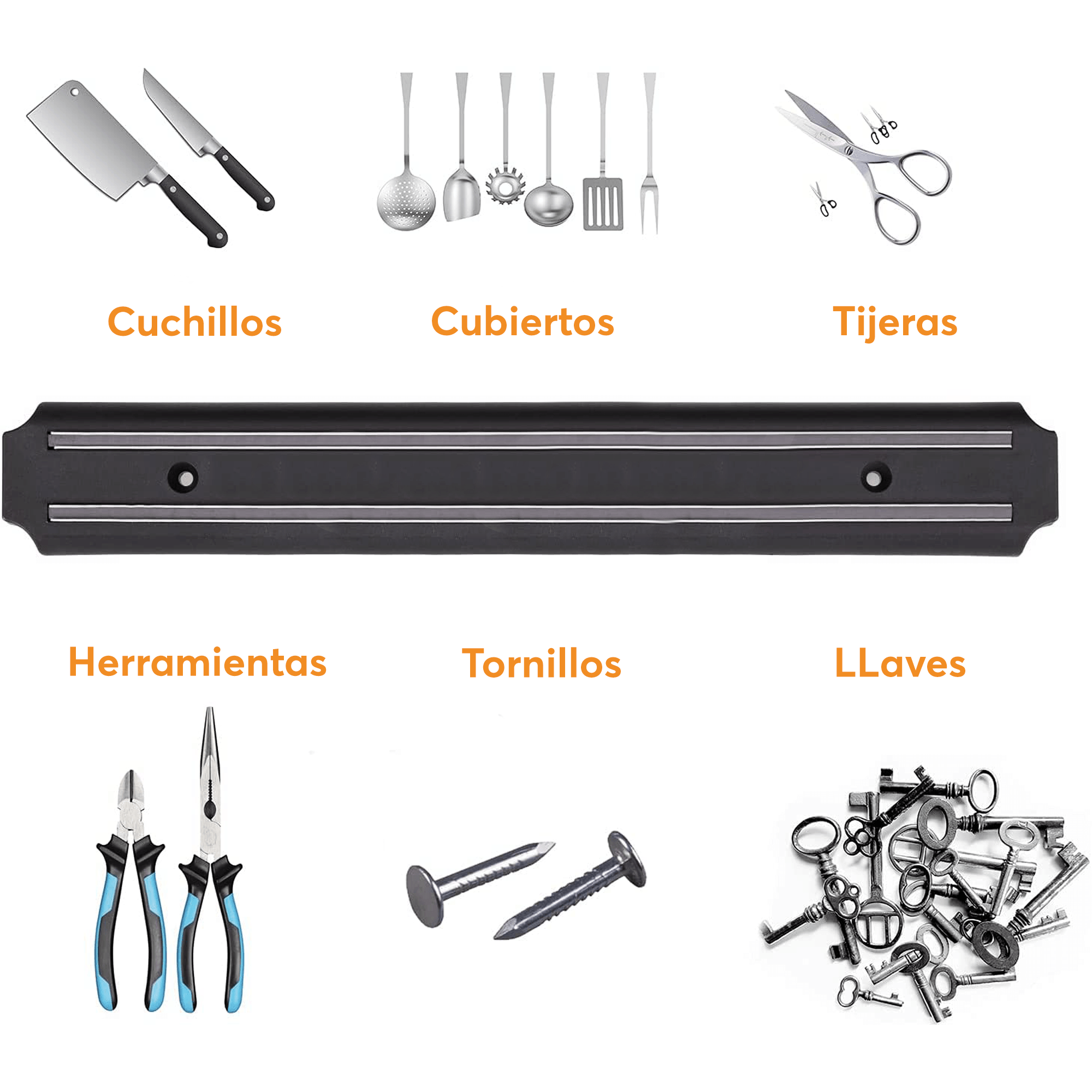 Soporte de pared magnético Archy para cocina, imán para utensilios, herramientas y cuchillos, con tornillos y taquetes (IMAN50CM).