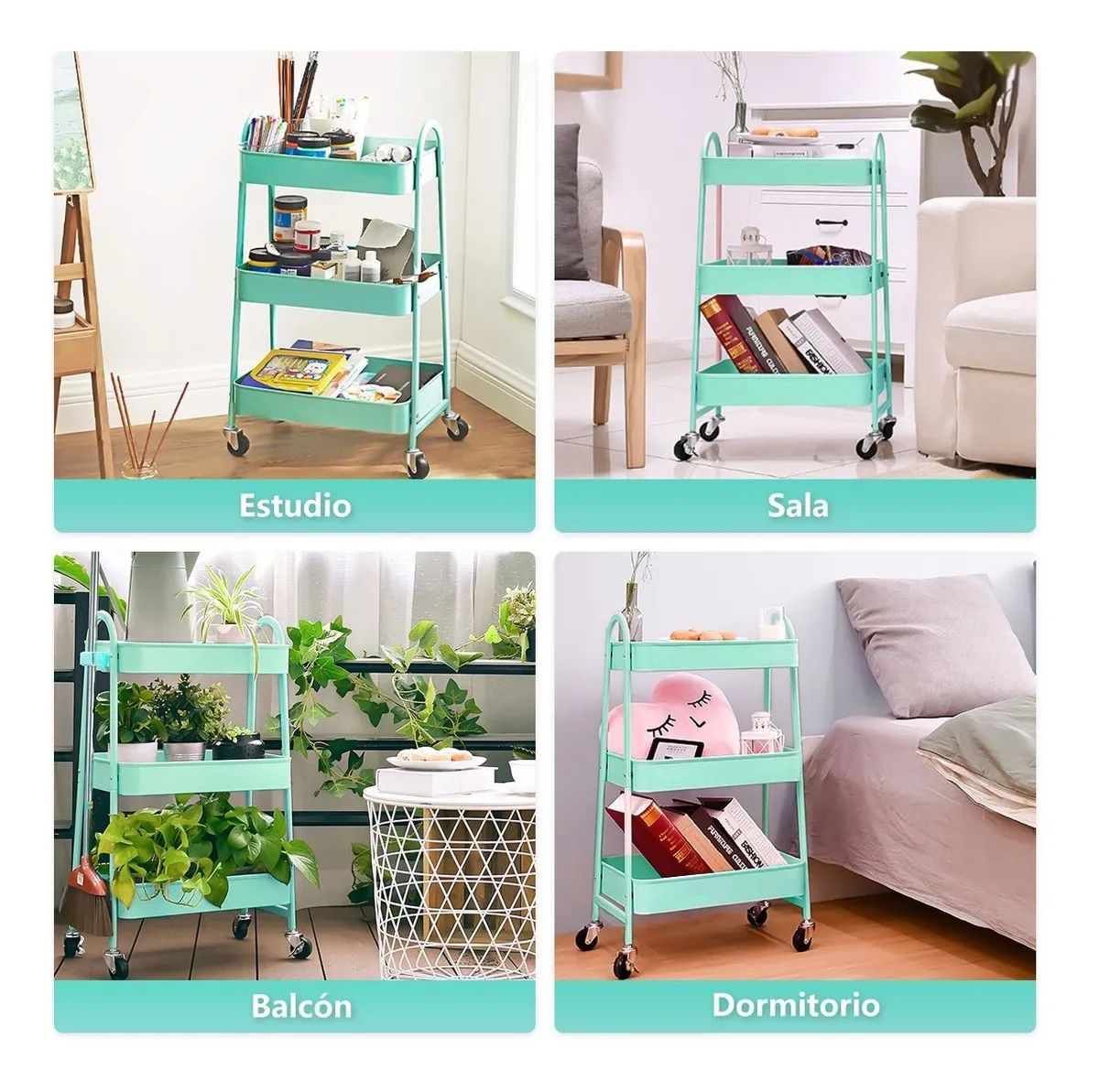 Carrito Organizador Multiusos De 3 Repisas Con Ruedas Verde